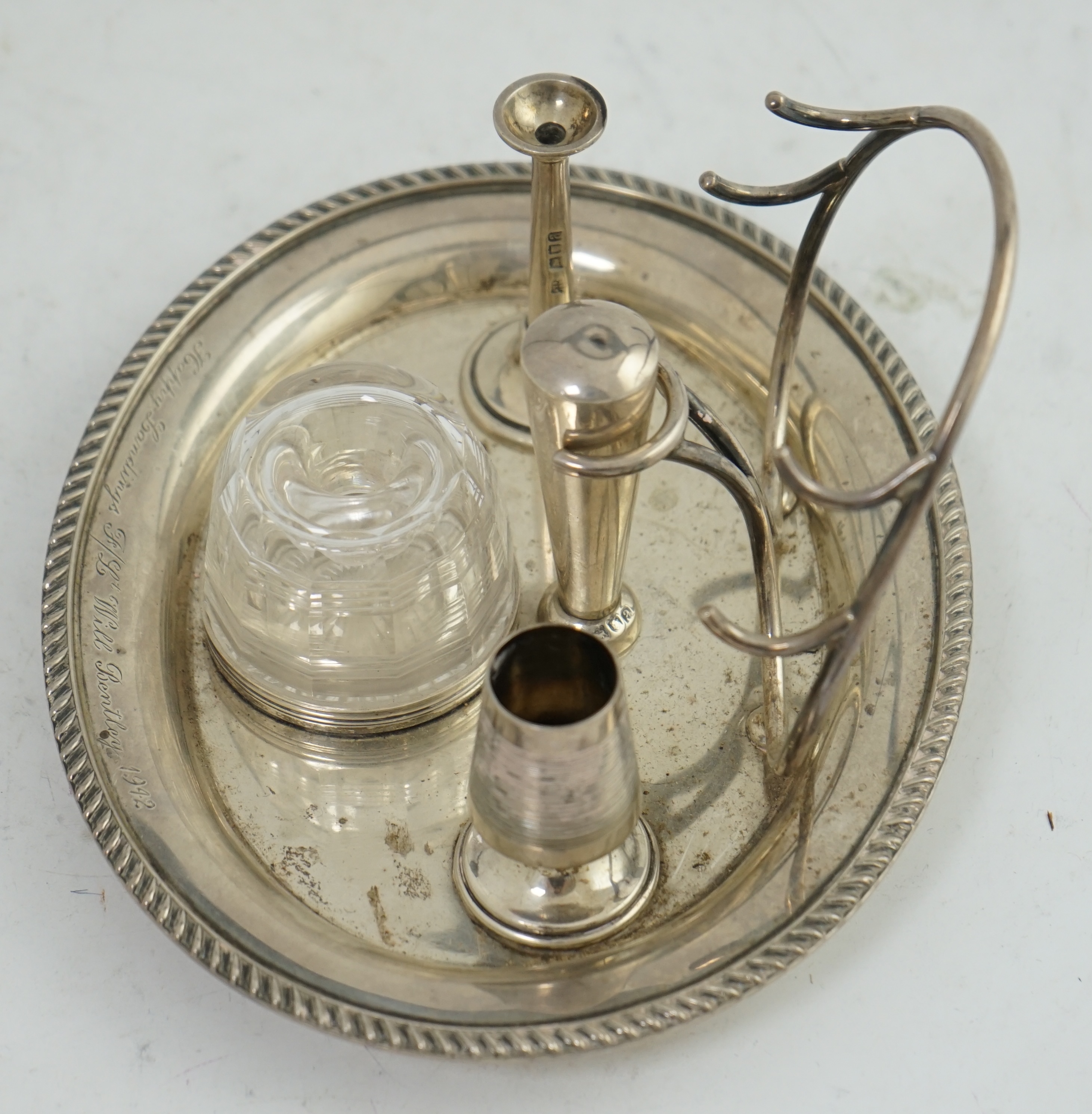 A late Victorian oval silver inkstand, with later RAF presentation inscription, maker Hukin & Heath